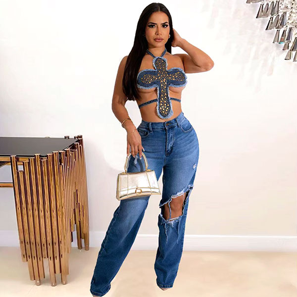 CROSS STUDS DENIM BUSTIER