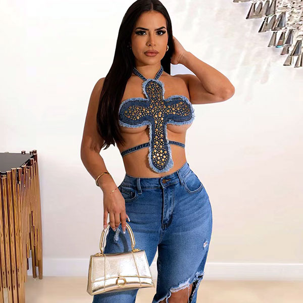 CROSS STUDS DENIM BUSTIER