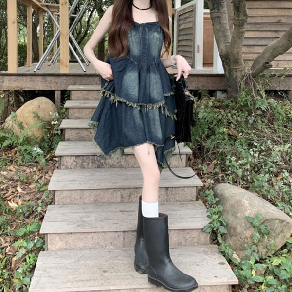 FRINGE FRILL DENIM ONEPIECE
