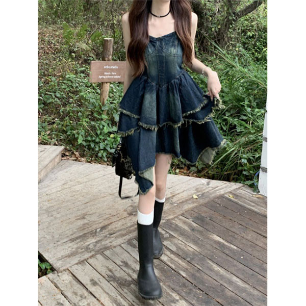 FRINGE FRILL DENIM ONEPIECE