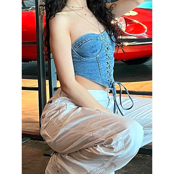LACE UP DENIM BARE TOP