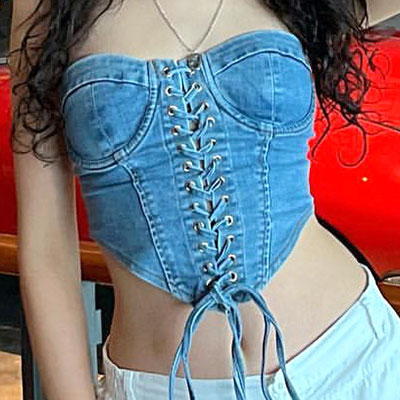LACE UP DENIM BARE TOP