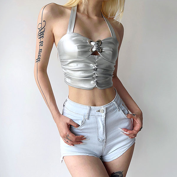 METALLIC BUCKLE HALTER NECK