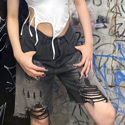 DAMAGE DENIM HALF PANTS