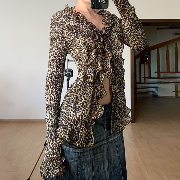 LEOPARD FRILL SHEER SHIRT