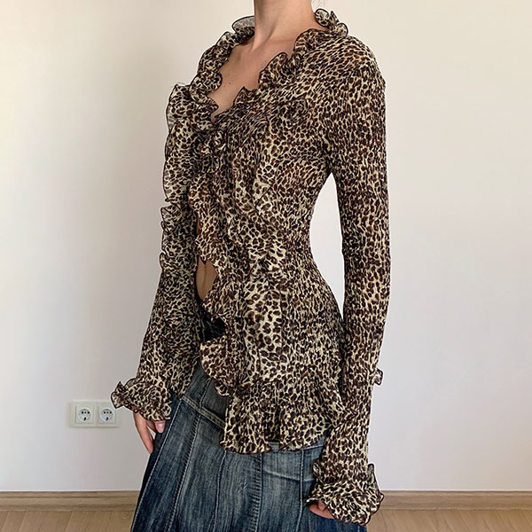 LEOPARD FRILL SHEER SHIRT
