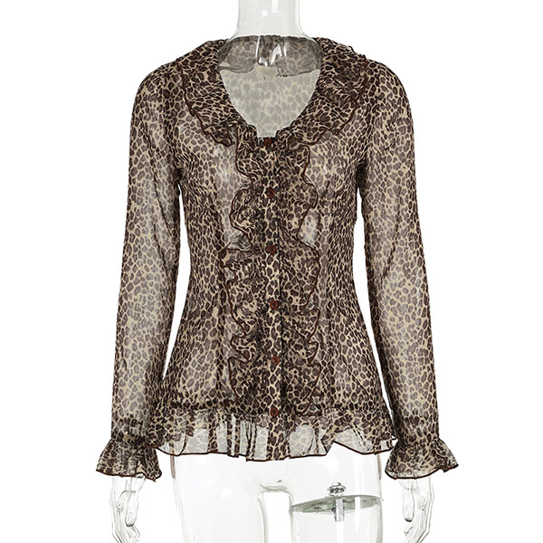 LEOPARD FRILL SHEER SHIRT