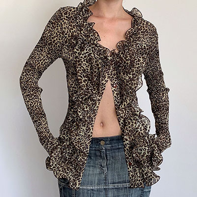 LEOPARD FRILL SHEER SHIRT