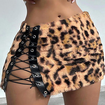 LEOPARD FUR LACE UP SKIRT