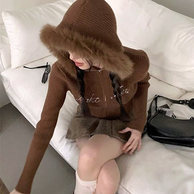 TRIM FUR KNIT ZIP HOODIE