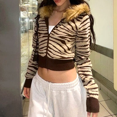 ZEBRA TRIM FUR KNIT HOODIE