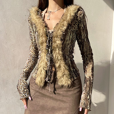 TRIM FUR LEOPARD CARDIGAN