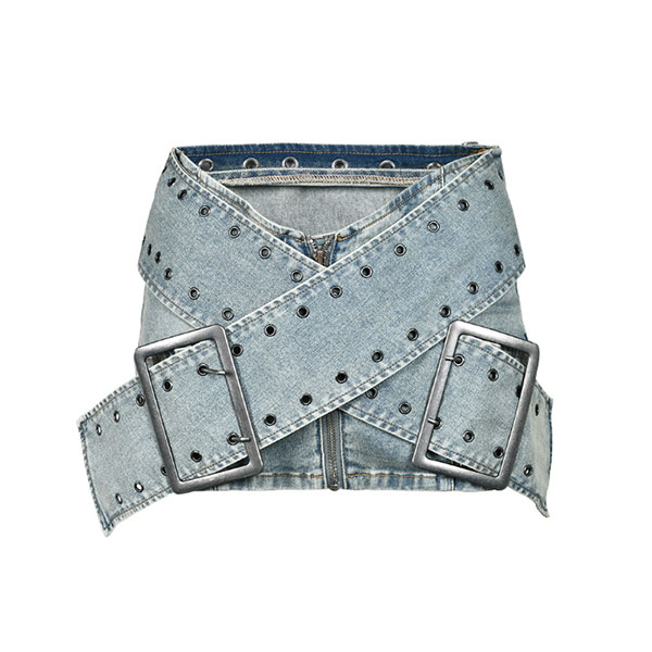 WIDE BELT CROSS DENIM SKIRT