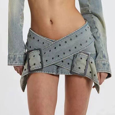 WIDE BELT CROSS DENIM SKIRT