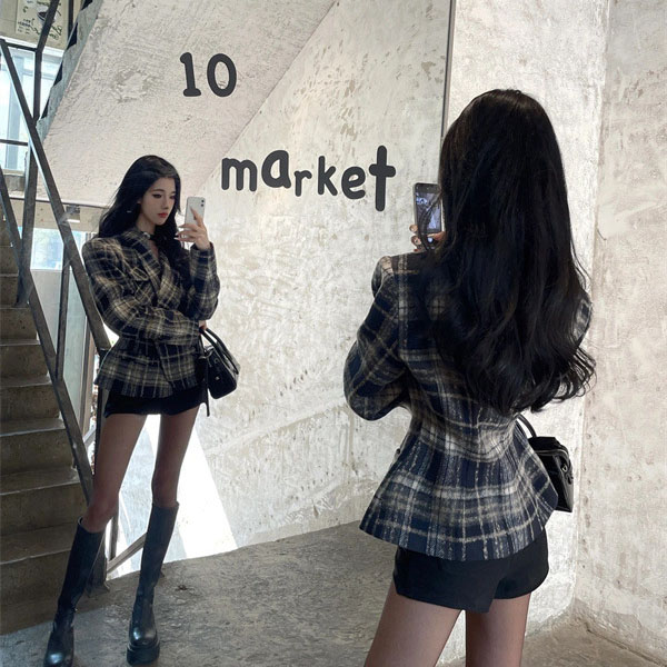 TWEED CHECK LAPEL JACKET