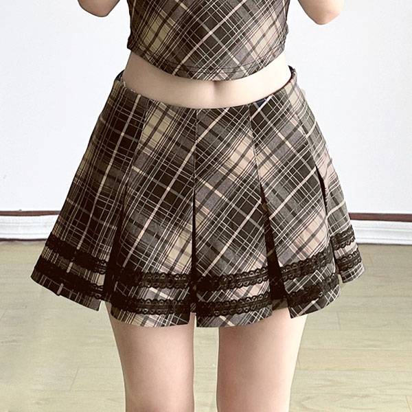 LACE CHECK PLEATS SKIRT