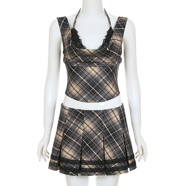 LACE CHECK PLEATS SKIRT