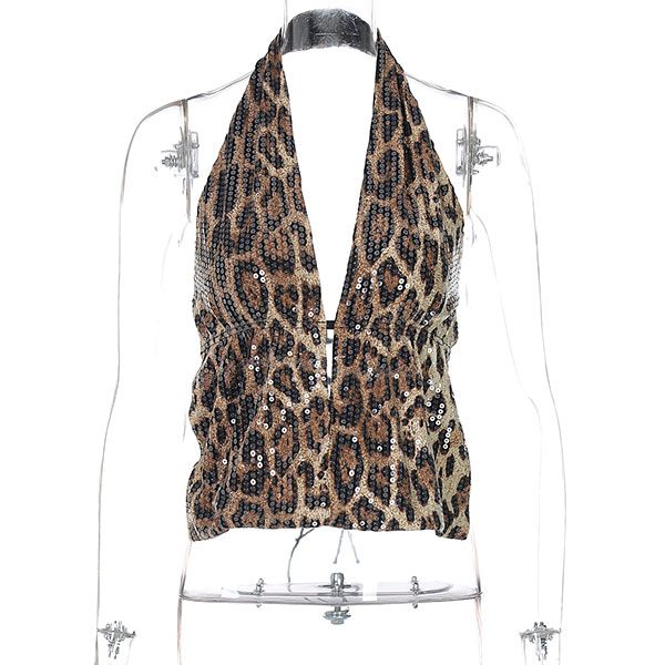 SEQUINS LEOPARD BACKLESS HALTERNECK