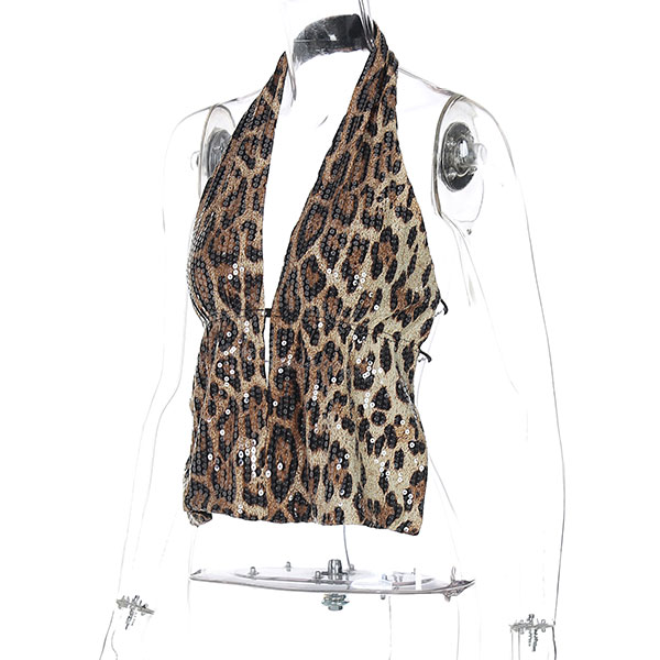 SEQUINS LEOPARD BACKLESS HALTERNECK
