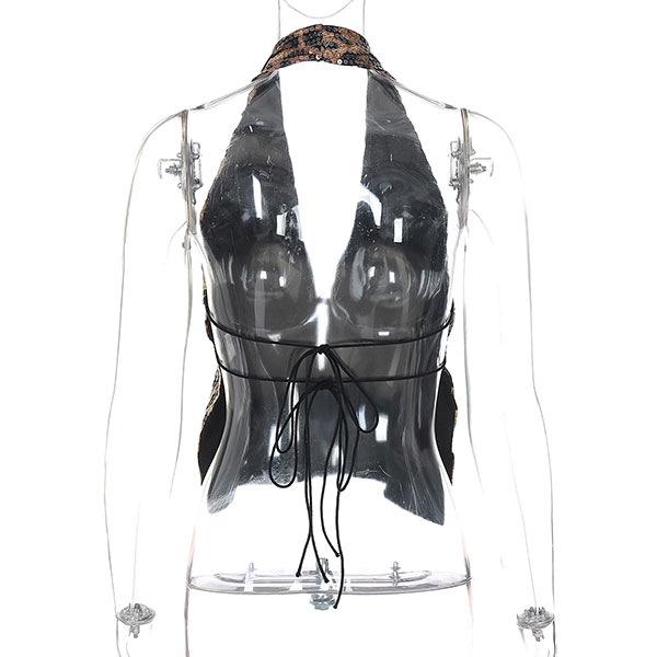 SEQUINS LEOPARD BACKLESS HALTERNECK