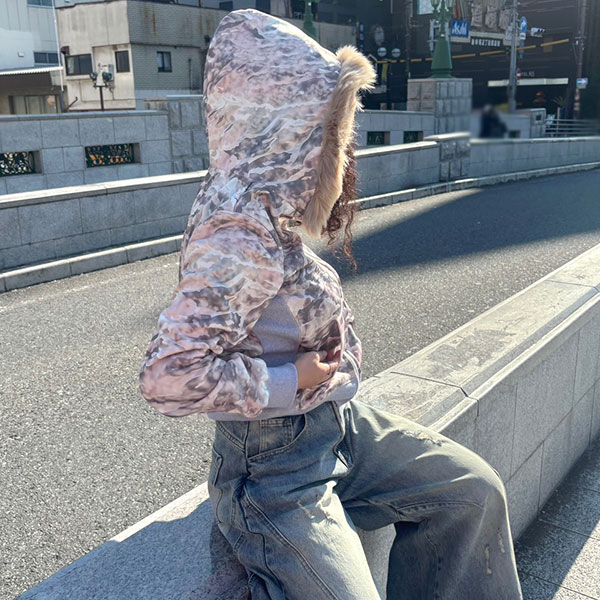 TRIM FUR CAMO ZIP HOODIE