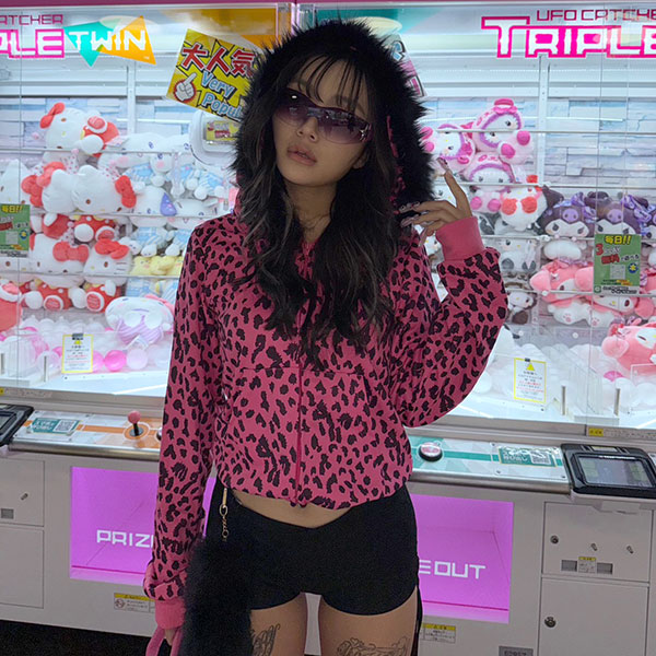 TRIM FUR LEOPARD ZIP HOODIE