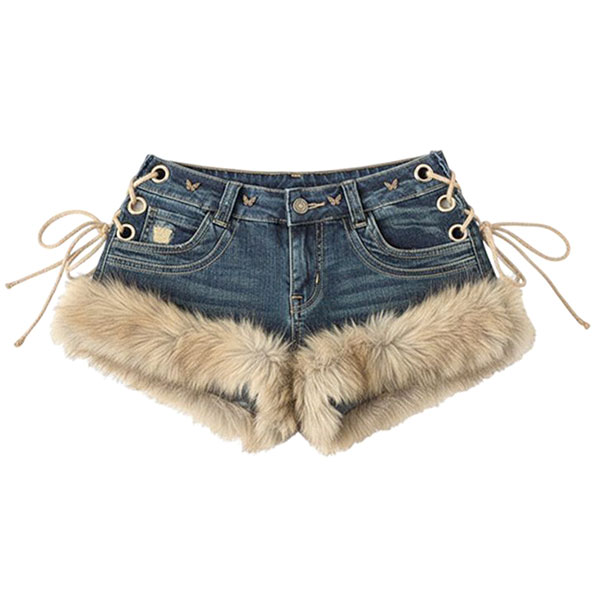 TRIM FUR DENIM SHORTS