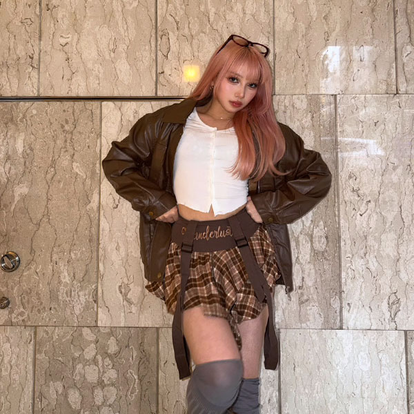 STRING BELT CHECK SKIRT