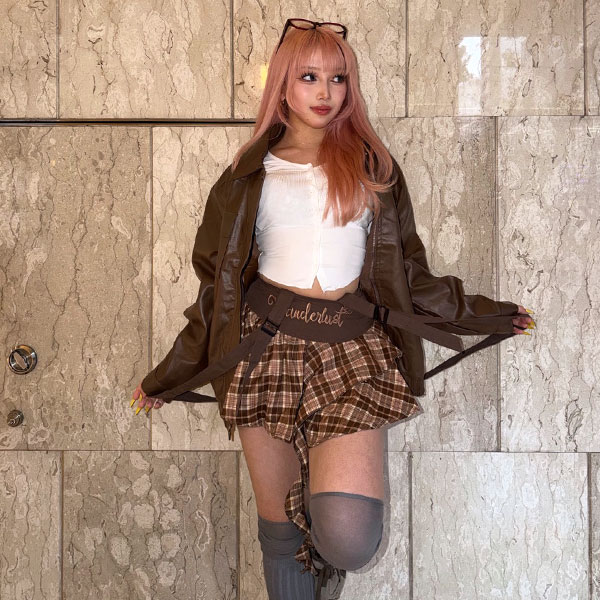 STRING BELT CHECK SKIRT