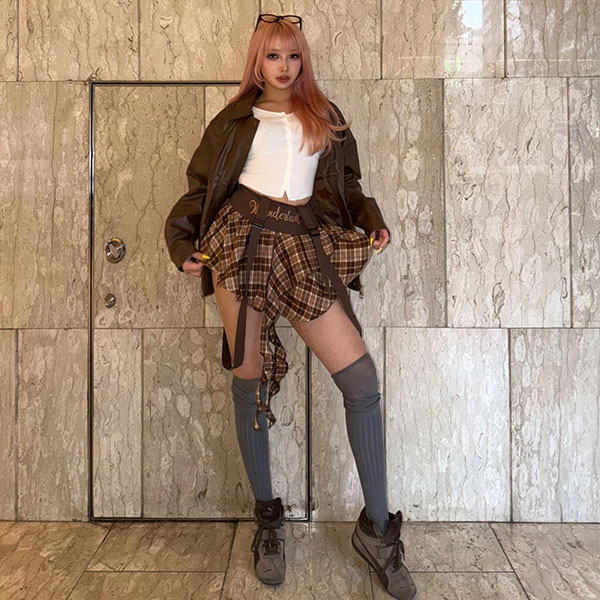 STRING BELT CHECK SKIRT