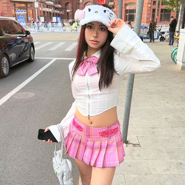 PINK CHECK PLEATS SKIRT