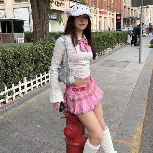 PINK CHECK PLEATS SKIRT