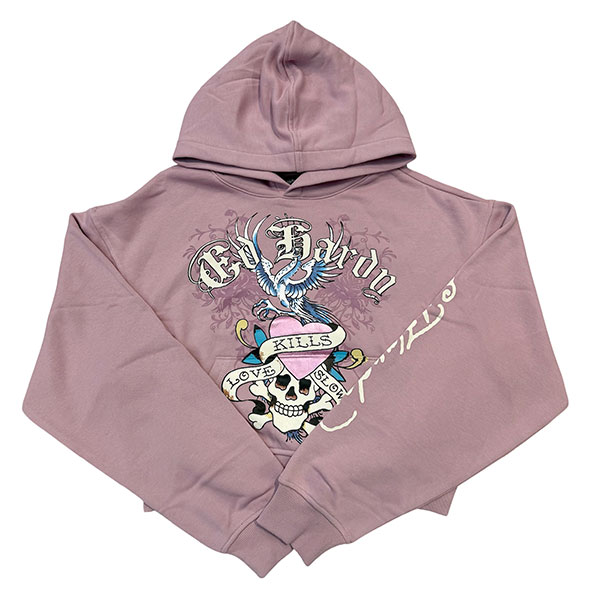 PINK LKS SKULL PUFF PRINT CROPPED HOODIE