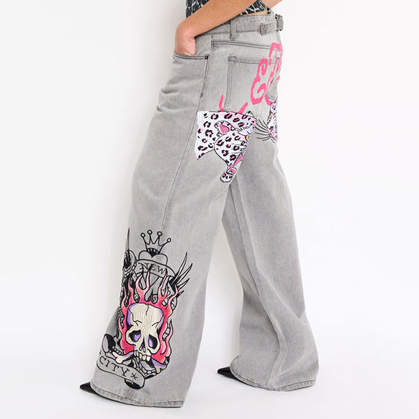 PINK SKULL FLAME BAGGY JEAN EMBROIDERED