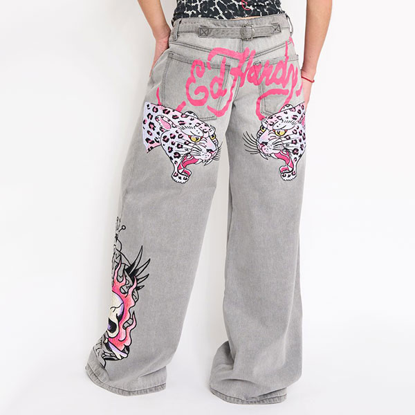 PINK SKULL FLAME BAGGY JEAN EMBROIDERED
