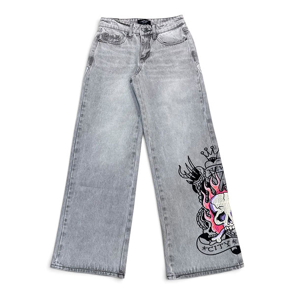 PINK SKULL FLAME BAGGY JEAN EMBROIDERED