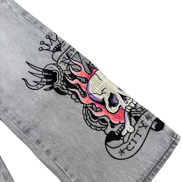 PINK SKULL FLAME BAGGY JEAN EMBROIDERED