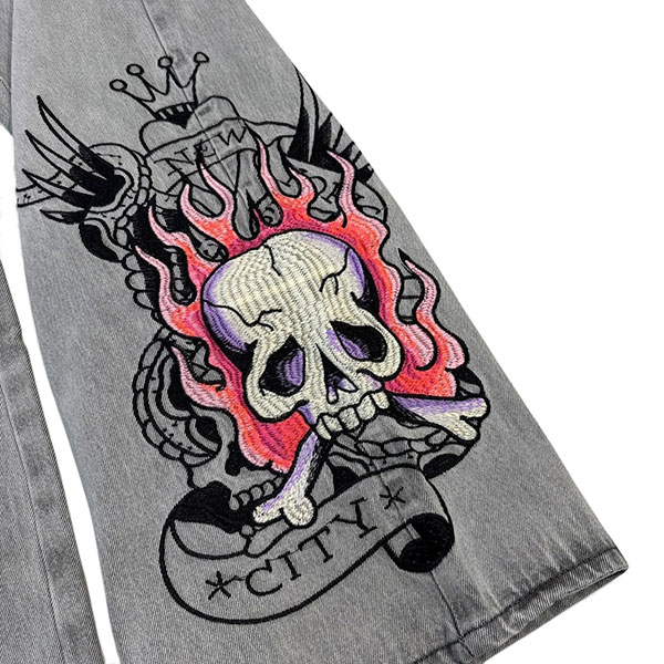 PINK SKULL FLAME BAGGY JEAN EMBROIDERED