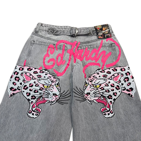 PINK SKULL FLAME BAGGY JEAN EMBROIDERED