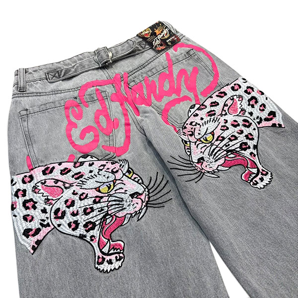 PINK SKULL FLAME BAGGY JEAN EMBROIDERED