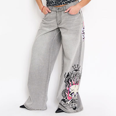 PINK SKULL FLAME BAGGY JEAN EMBROIDERED