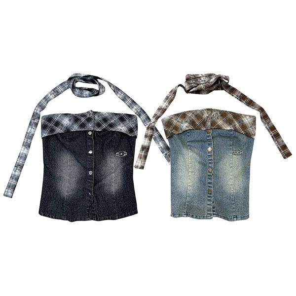 TRIM CHECK DENIM BARE TOP