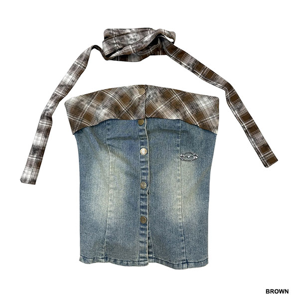 TRIM CHECK DENIM BARE TOP