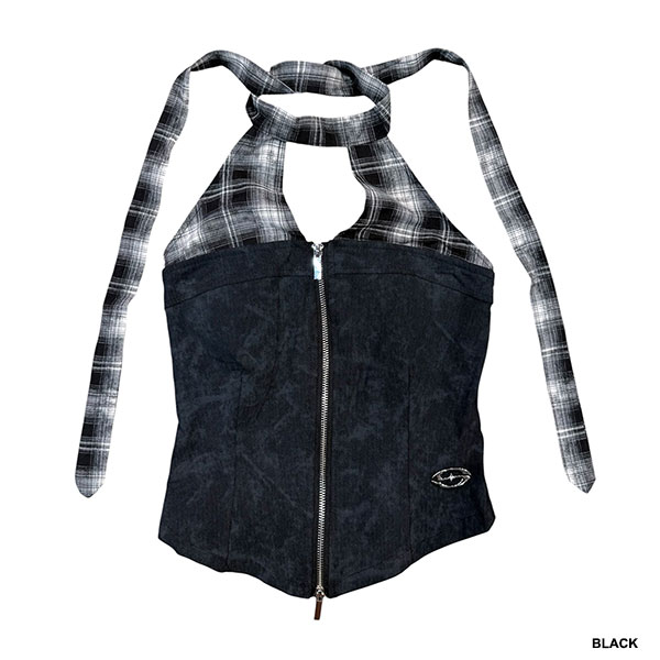 TRIM CHECK DENIM HALTER NECK