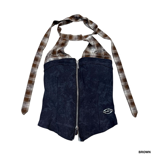 TRIM CHECK DENIM HALTER NECK
