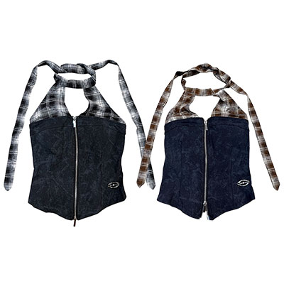 TRIM CHECK DENIM HALTER NECK